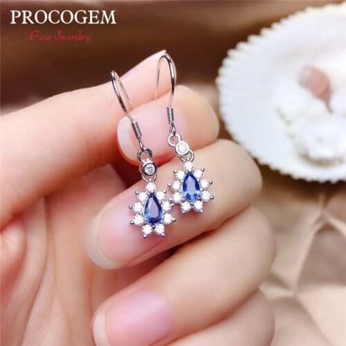 PROCOGEM Natural Sapphire Drop Earrings for Women Anniversary Genuine Gems CZ Eardrops 925 Sterling silver Fine Jewelry #549