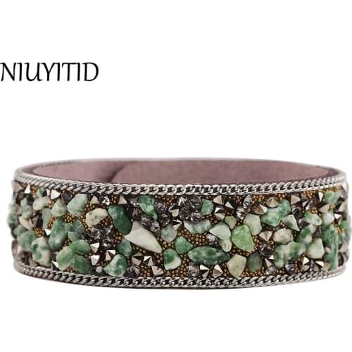 NIUYITID Natural Crystal Stone Bracelet Women Fashion Leather Bracelet Multicolor Luxury Jewelry