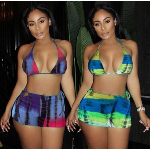 Women Two-piece Swimming Clothes Set Tie-dyed Printed Pattern Halter Neck Tops and Skirt Green/ Dark Blue