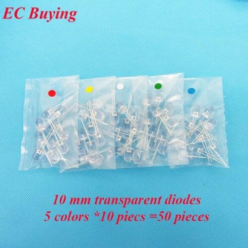 10mm Red Blue White Yellow Emerald-Green LED Round Transparent Ultra Bright Lamp Bead Plug-in DIY Kit Assorted Kit 50 pcs