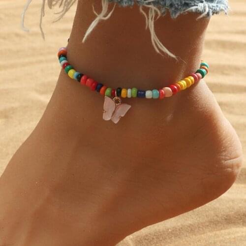 2020 Ins Hot Vintage Colorful Beads Anklet for Women Bracelet on The Leg Pink Color Butterfly Ankle Chain Beach Foot Jewelry