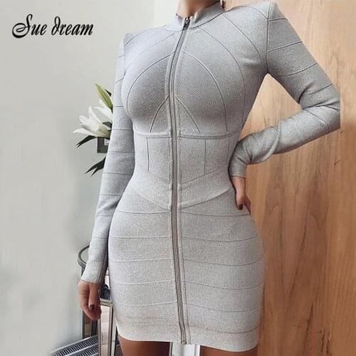 2020 Autumn New Womens Fashion Sexy Gray Long-sleeved Zipper Stand Collar Bandage Dress Bodycon Club Party Mini Dress Vestido