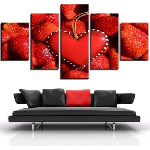 5 Panels Home Decor Summer Canvas Art Prints Fruit Posters Strawberries and Heart For Love Wall Paintings For Kitchen