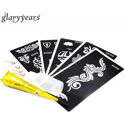 5 Piece Medium Henna Stencil + 1 Piece Black Henna Paste + 1 Piece Bottle + 4 Piece Stainless Tattoo Template Halloween Gift Hot