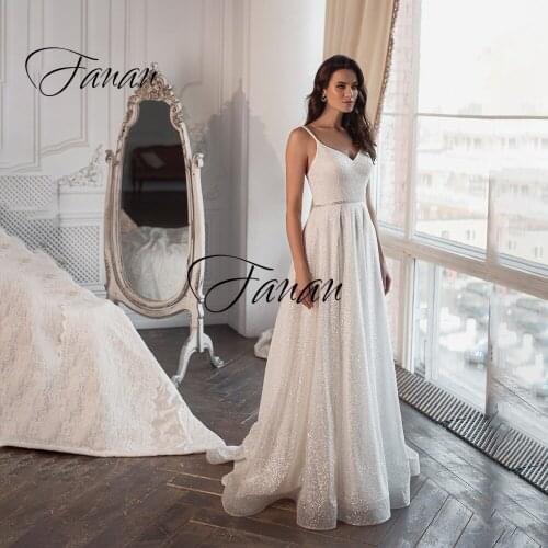 Glittery Simple Spaghetti Straps Wedding Dress V-Neck Backless A-Line Sleeveless Bridal Gown robe de soirée de mariage платье