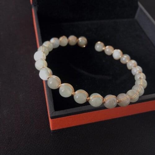2022 New Handmade 14KGF Natural Jade Bangles Wire Wrap Round Cuff Bracelets for Women Girls Trendy Jewelry Pulsera