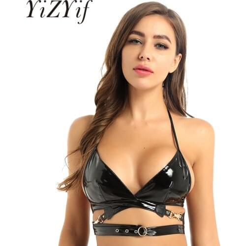 Bras Women Sexy Wet Look Patent Leather Lingerie Bra Top Halter Neck Backless Wrap Around With Buckle Bralette Sexy Clubwear