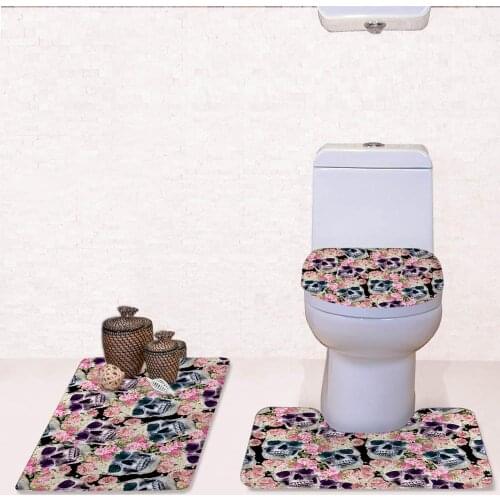 Skull Printed Toilet Seat Cover Round Mat 3 Piece Set Warmer Soft Bathroom Carpet Bath Accessories Set