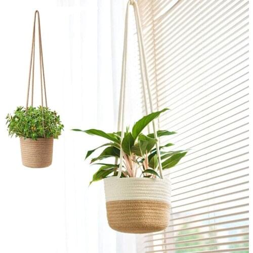 Flower Hanging Basket Plantern Holder Country Style Primary Color Cotton Linen Woven Plant Hanger Garden Plant Storage Basket