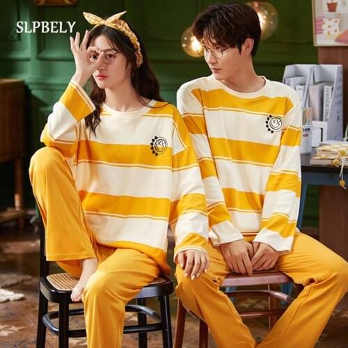 SLPBELY Lover Pajamas Set Homewear Autumn Cotton Cartoon O Neck Long Sleeve Men Women Sleepwear Striped Couple Homewear Pyjamas