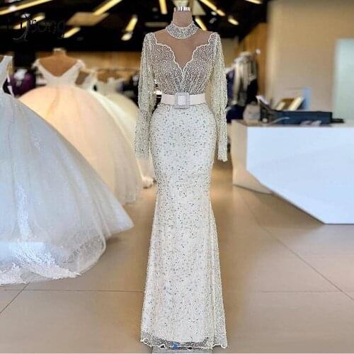 Elegant Lace Mermaid Evening Dresses With Full Sleeves Colorful Crystal Long Vintage Prom Gowns Vistidos De Fiesta