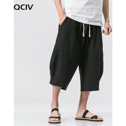 Chinese Style Summer Men Linen Pants Men Wide Leg Trousers Male Drop Crotch HipHop Man Joggers Calf-Length Pants Track Pant