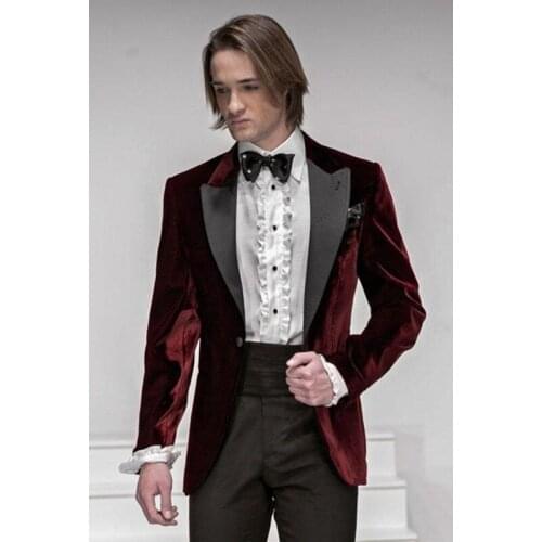 Classic Burgundy Velvet Groom Tuxedo Peak Lapel Men Blazer Suit Men Slim Fit Prom Wedding Suits Costume Homme 2021(Jacket+Pants)