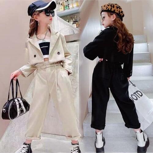 Suit for Girls Autumn 2021 Children Clothes Black Short Jacket Suit Pants Sets Kids School Clothing 13 14 Years Old Teen Outfits