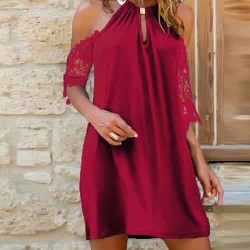 Summer Off Shoulder Lace Dress Women Hollow Out Embroidery Lady Slim Dresses Sexy Elegant Halter Sleeveless A-Line Mini Dress