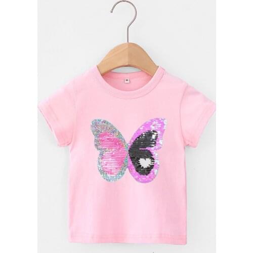 Summer Girls T-Shirts with Reversible Butterfly Sequin Kids Clothing Fashion Cotton Glitter Girl Tops Tees Family T Shirt