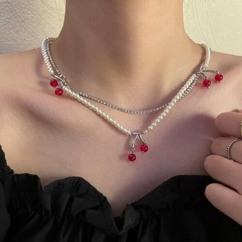 SRCOI Red Transparent Resin Cherry Pendant Necklace Lady Double Layered Imitation Pearls Beaded Chain Rhinestone Clavicle Collar