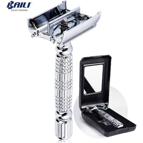 Barber Safety Blade Razor Shaver Double Edge Butterfly Twist Open T-Shaped Unisex 1 Travel Case with Mirror BD179