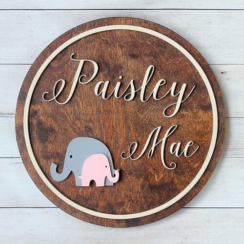 Custom Elephant Nursery Sign,Home Welcome Sign, Rustic 3D Wooden Round Sign with Baby Name, Doorway Sign, Gift for Baby Shower
