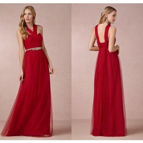 Simple red long tulle evening dress 2015 Free shipping sexy backless classic design elegant A-line party gown crystal belt
