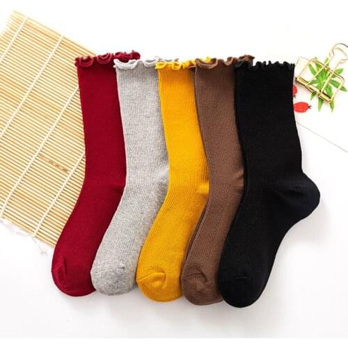 Five pairs autumn winter new style solid color heaping socks dark grain agaric edge high tube socks cotton sweet college style