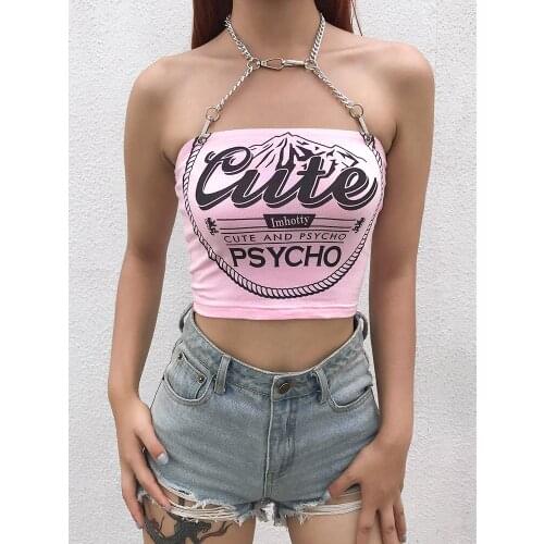 S0134 European and American 2021 summer girl camisole short vest new sexy street style hanging neck chain printing letter tube t