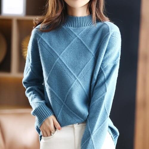100% Pure Wool Cashmere Sweater Womens Half-high O-Neck Pullover Korean Fashion Knit Blouse Female Jacket Autumn and Winter