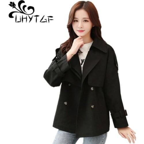 UHYTGF 2019 New Spring Autumn trench coat Womens Korean Double-breasted Female Wild Slim tops Plus size splice trench coats 229