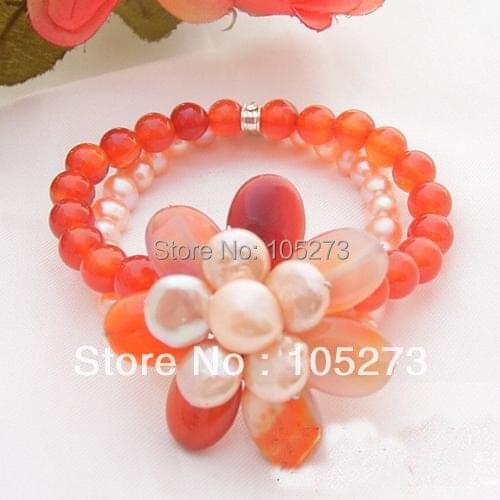 Top Quality Pearl Bracelet Natural Genuine Pink Freshwater Pearls Carnelian Bracelet 2Rows AA 7-13MM 8inch New Free Shipping