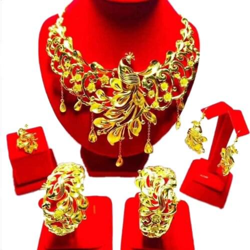 Yulaili Brand Chinese Style Design Gold-color Phoenix Shape Bride Wedding Jewelry Sets Necklace Bracelet Earrings Ring