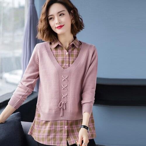 Vintage Autumn Solid Ladies Knitted Sweater Long Sleeve Plaid Female Jumper Collar Stand Women Pullovers with Buttons