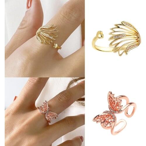 Korean Heart Wings Butterfly Ring for Women Zircon Hollow Feather Double Copper Open Ring Fashion Trend Jewelry New Girl Gift