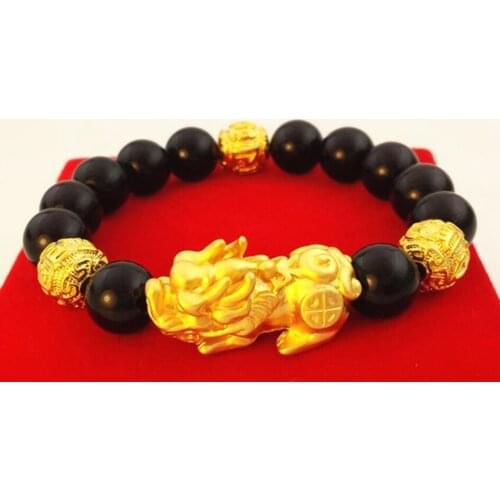Gold Colour 3D Wealth Bracelet Obsidian Beads Bracelet Men and Womens Animal Pixiu Lucky Jewelry
