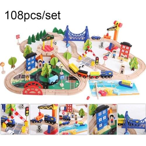108pcs/set Traffic Wooden Train Track Set Car Model Slot Puzzles Wooden Railway Early Educational Toy For Children toys