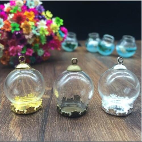 5sets mixed color 20mm Dia. glass globe crown tray cap set wishing vial pendant hollow 15mm mouth open necklace pendant