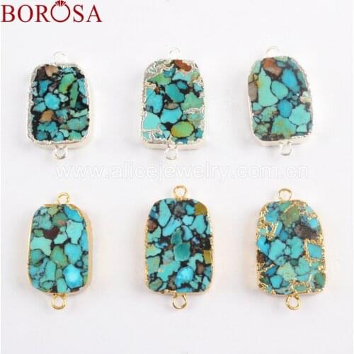 BOROSA 5PCS Gold Silver Plated Turquoises Connector Natural Gold LIne Turquoises Double Charms for Necklace Jewelry G1697