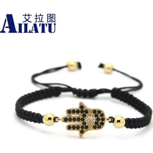 Ailatu Plated Round Beads Micro Inlay Pave zircon Fatima Hand Hamsa Cz Brainded Bracelet