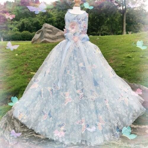 Free Shipping Handmade Dog Clothes Wedding Gown Trailing Princess Dress Blue Soft Tulle Butterfly 3D Daisy Yorkie Maltese Poodle