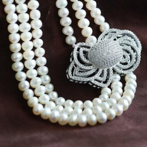Elegant Multistrands Natural Pearl Necklaces 100% Freshwater Pearl Beads Long Necklace 3Rows Pearl Jewelry