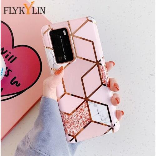 FLYKYLIN Luxury Geometric Marble Phone Case For Huawei P40 P30 Lite P20 Pro Mate 20 Lite Glossy Soft Silicone Plating Back Cover