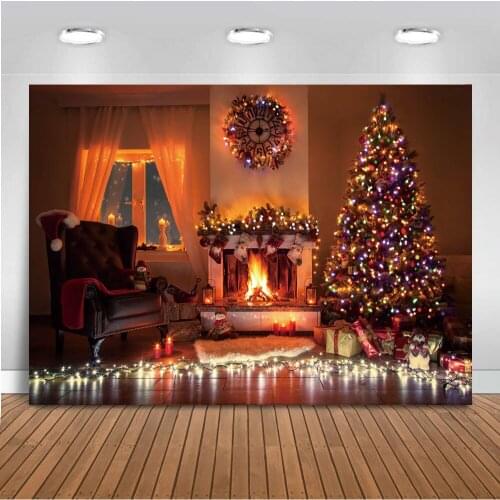 Neoback Photography Backdrop Christmas Fireplace Background for photo studio Christmas Tree Gliiter Light Backdrop Studio
