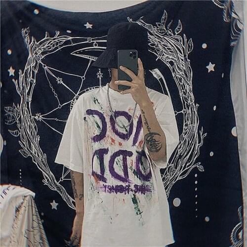 Short-sleeved T-shirt mens summer new dark hand-painted graffiti cross print hip-hop loose couple ins shirt