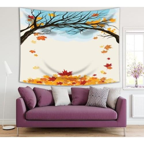 Tapestry Maple Tree Leaves Cloudy Sky Fall Nature Scenery Cartoon Artwork Blue Yellow White