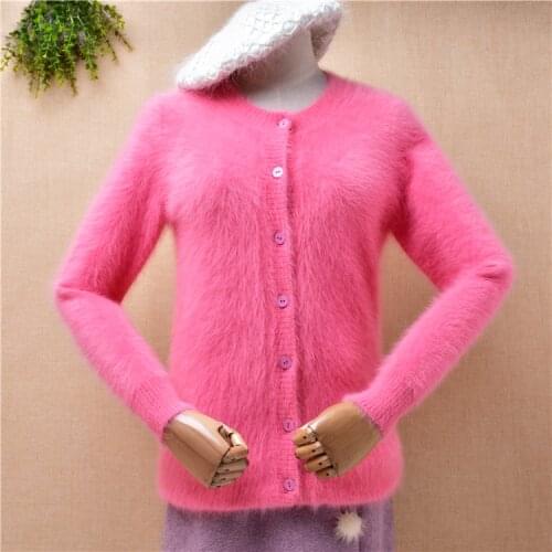 Ladies women fashion sweet pink hairy mink cashmere knitted slim cardigan angora fur autumn winter jacket coat sweater pull tops