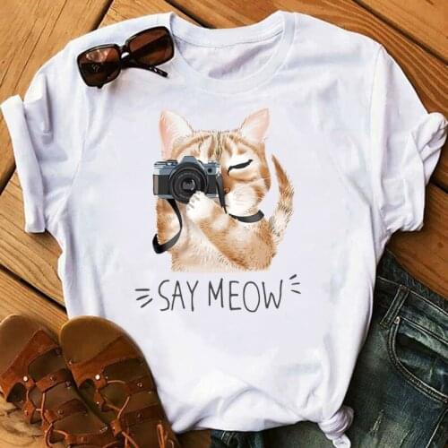 Summer Womens Fashion Cute Cat/Dog/Bear Print T-shirts Short Sleeved O Neck Shirts Soft Comfy Casual Tops