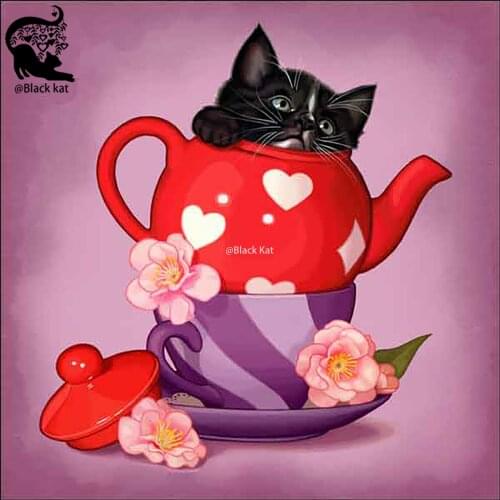 Lovely Black Cat in Stacked Teapot Cups Cutting Dies Love Flower Tea Party Metal Stencil For DIY Scrapbooking Card Craft