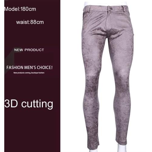 Mens Tight Trousers Suede Fabric Printing Casual Pants Micro Elastic Pencil Pants Cotton Lining Soft Breathable Skinny Leggings