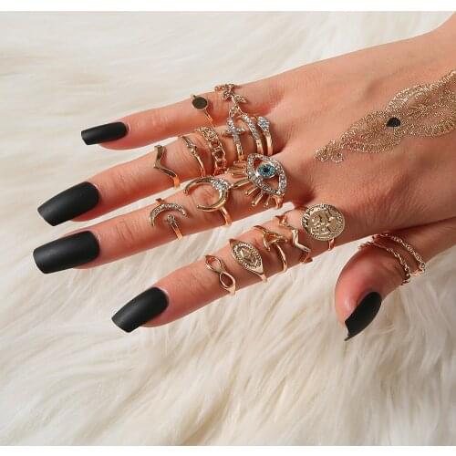 Pack of 18Personality Creative Knuckle Ring Bohemian Retro Embossed Leaf Crystal Ring Set Women Wedding Anniversary Gift