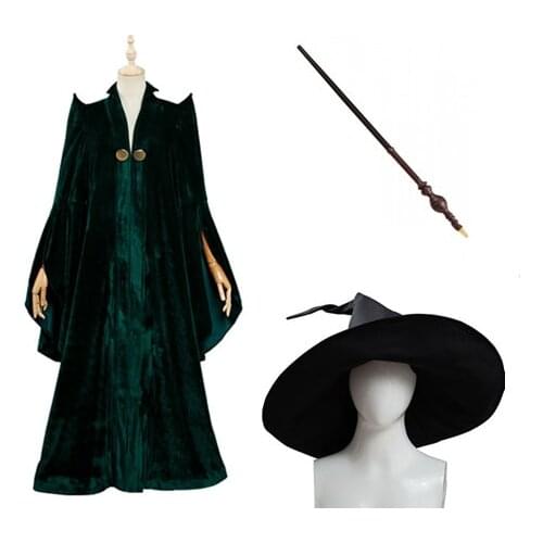 Professor Minerva McGonagall Cosplay Costume Green Rope Cape Hat Wand Full Suit