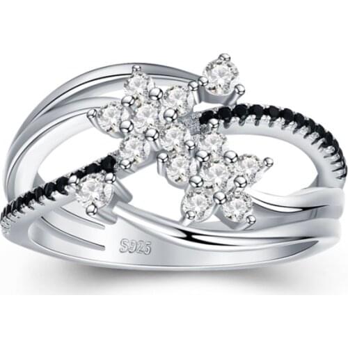 New Hyperbole 925 Sterling Silver Fine Jewelry Flower Engagement Bague Black Spinel Leaf Womens Wedding Ring Bijoux Femme G011